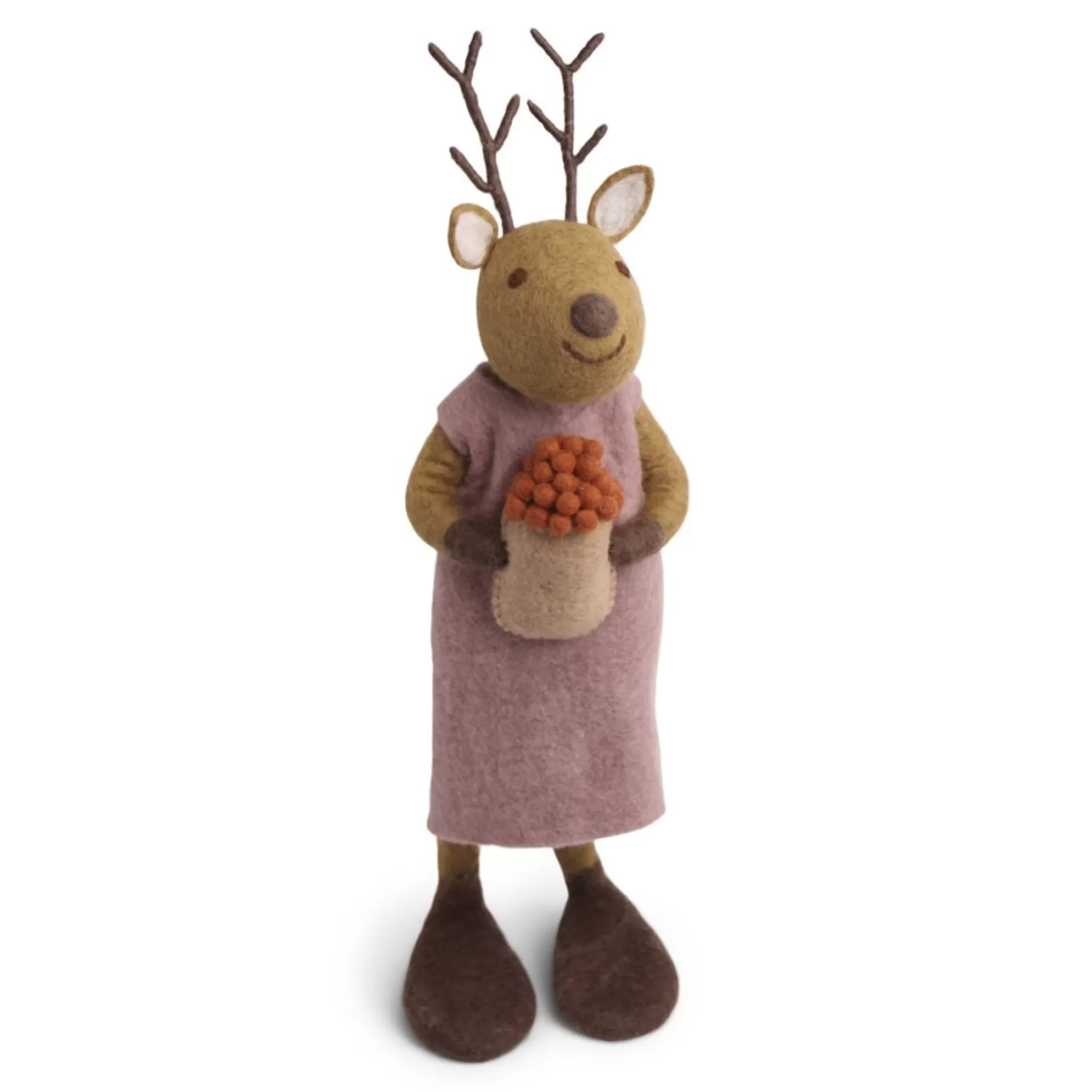En Gry & Sif Christmas Figurine - Reindeer With Bowl Of Cranberries (Brown) - Extra Large | Felt Figurines