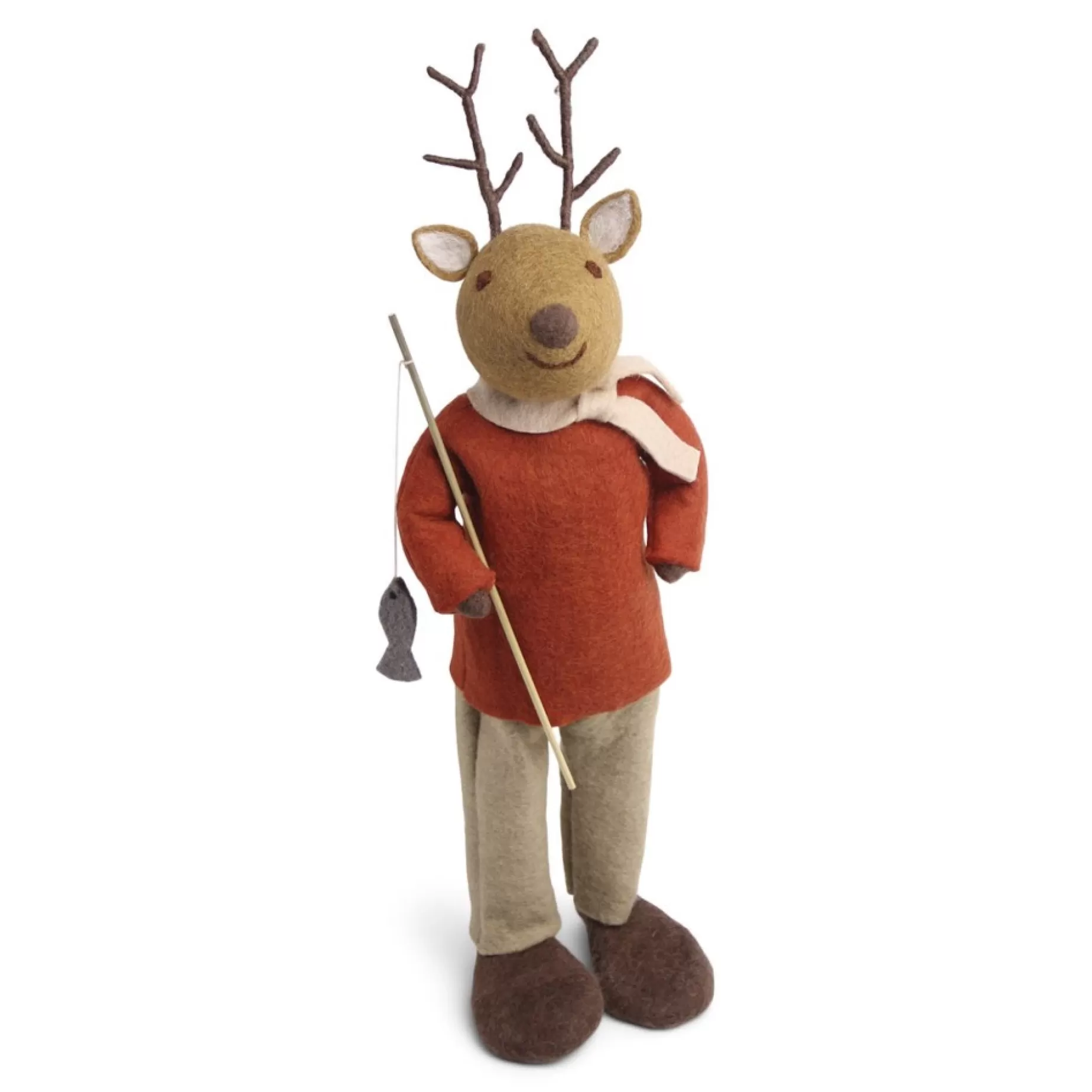 En Gry & Sif Christmas Figurine - Reindeer With Fishing Pole (Brown) - Extra Large | Felt Figurines