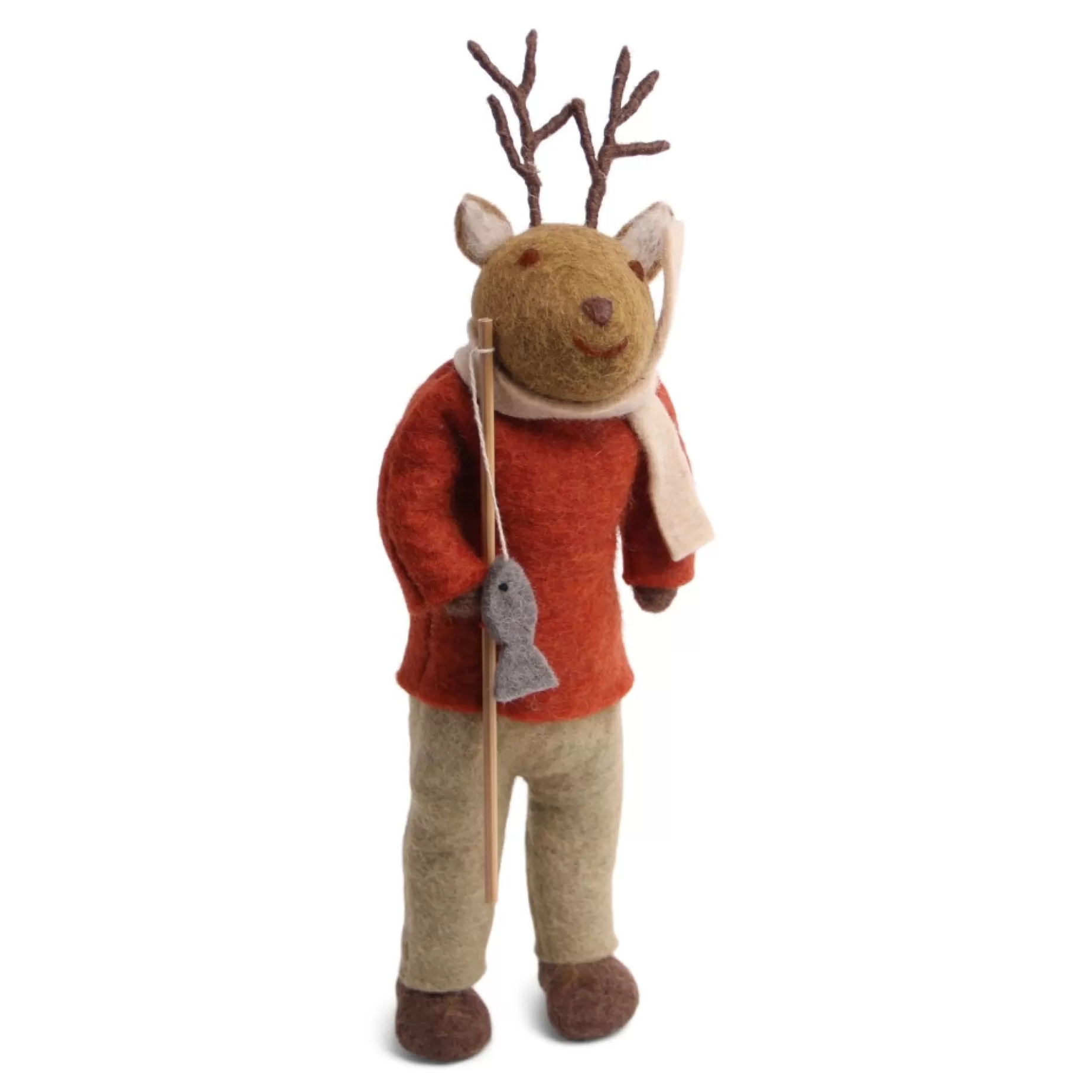 En Gry & Sif Christmas Figurine - Reindeer With Fishing Pole (Brown) - Large | Felt Figurines