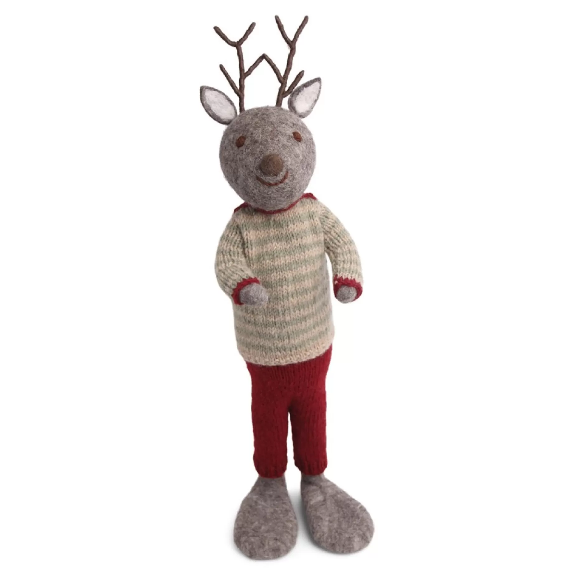 En Gry & Sif Christmas Figurine - Reindeer With Stripy Sweater (Grey) - Extra Large | Felt Figurines