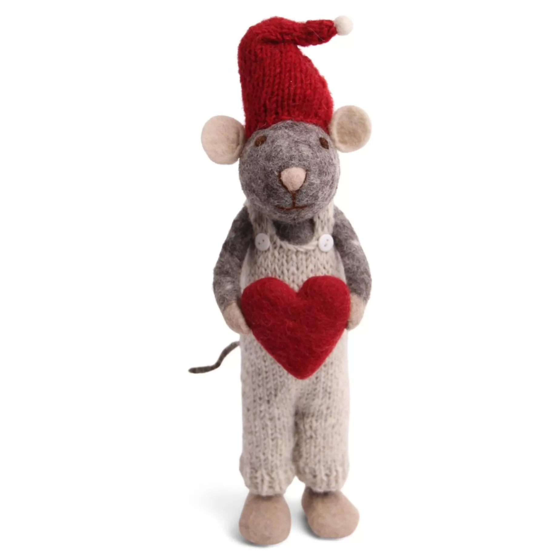 En Gry & Sif Christmas Figurine - Winter Mouse Boy (Large) With Heart (Grey) | Felt Figurines