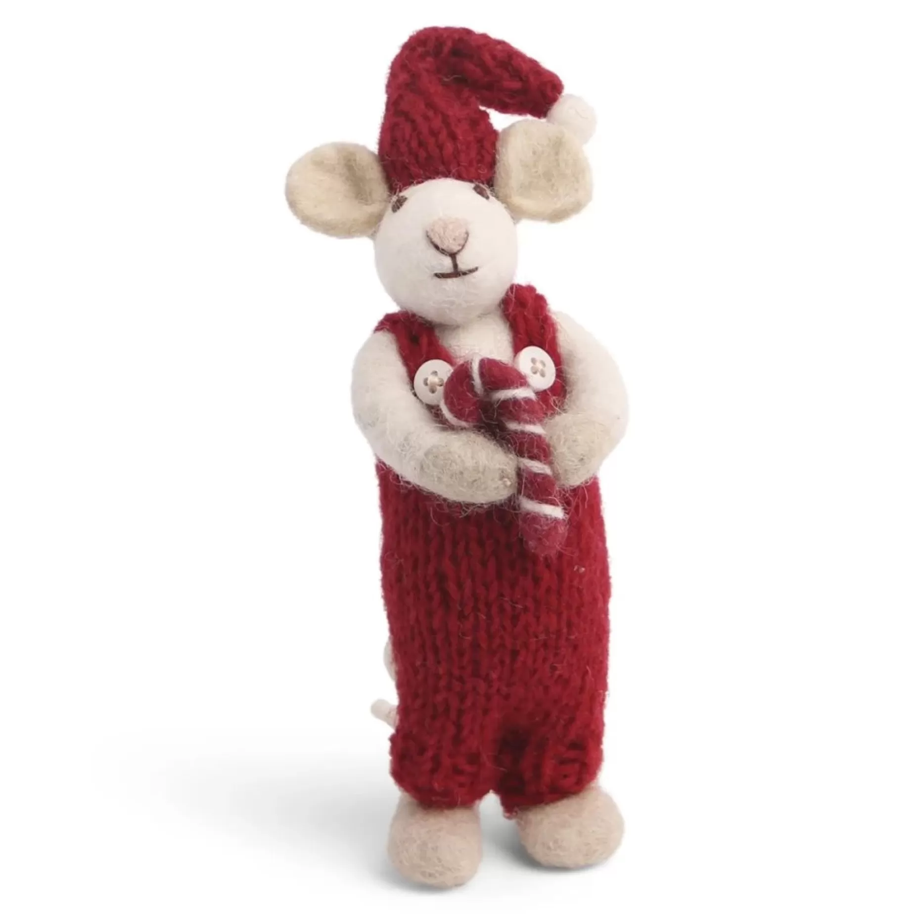 En Gry & Sif Christmas Figurine - Winter Mouse Boy (Small) With Candy Cane (White) | Felt Figurines