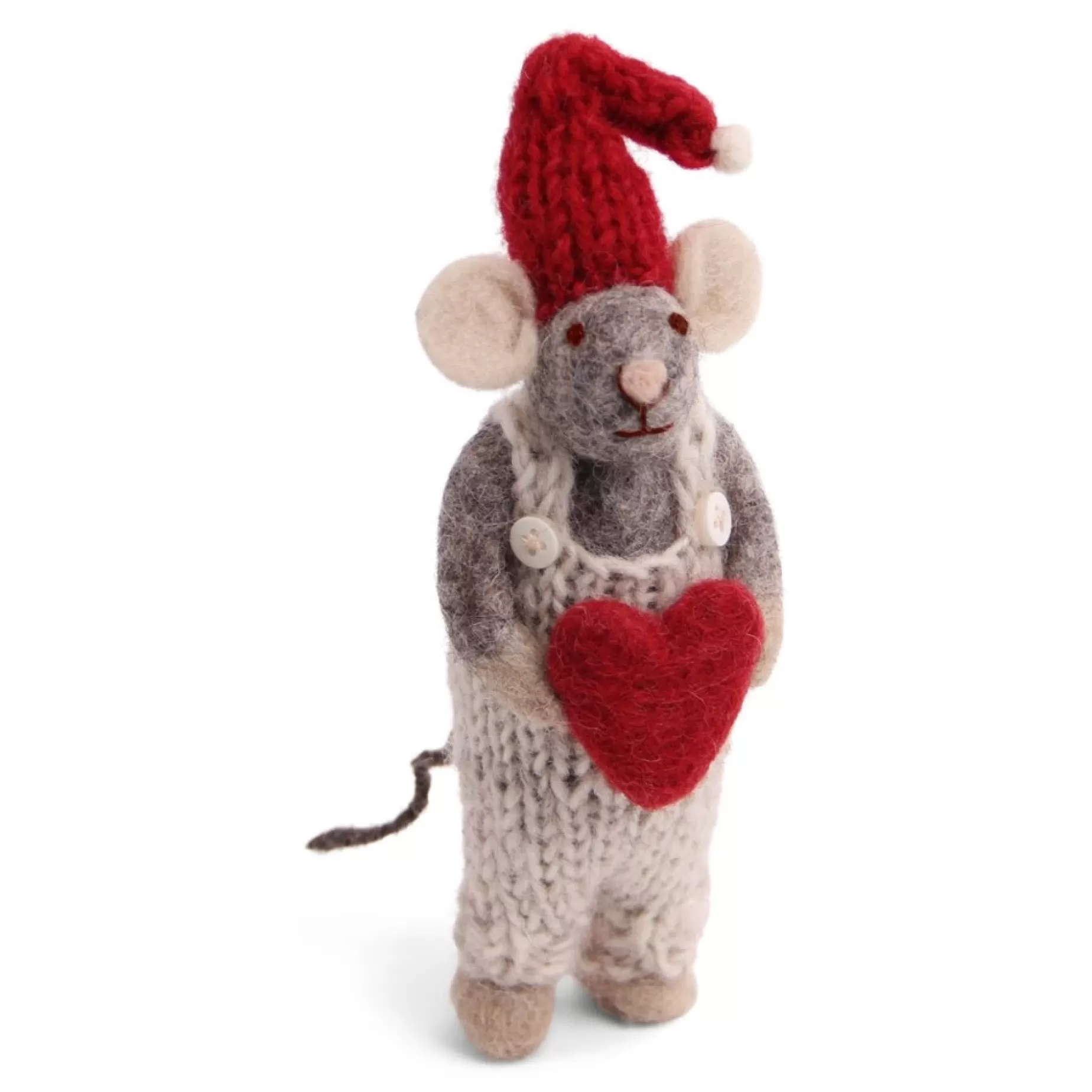 En Gry & Sif Christmas Figurine - Winter Mouse Boy (Small) With Heart (Grey) | Felt Figurines