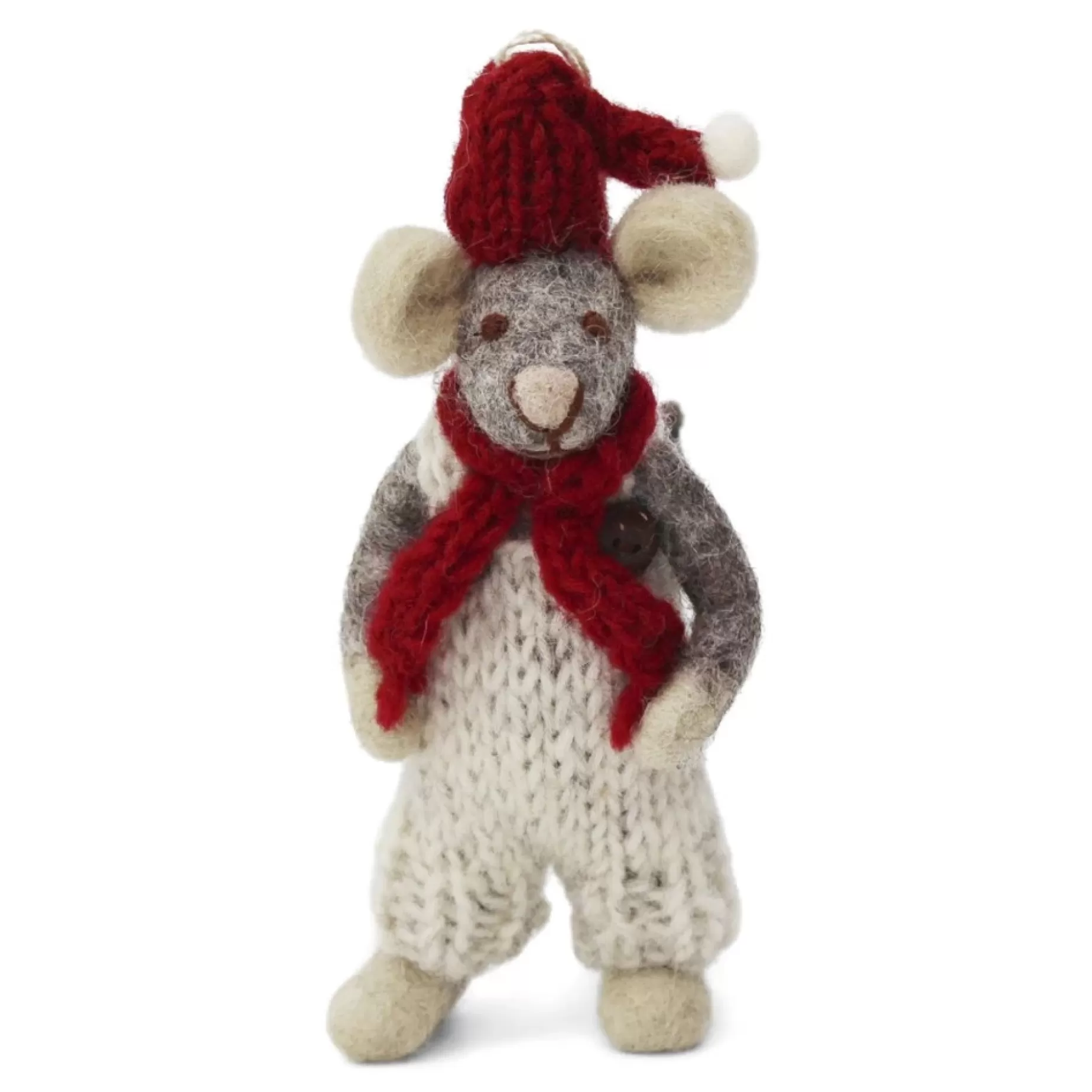 En Gry & Sif Christmas Figurine - Winter Mouse Boy (Small) With Red Hat And Scarf (Grey) | Felt Figurines