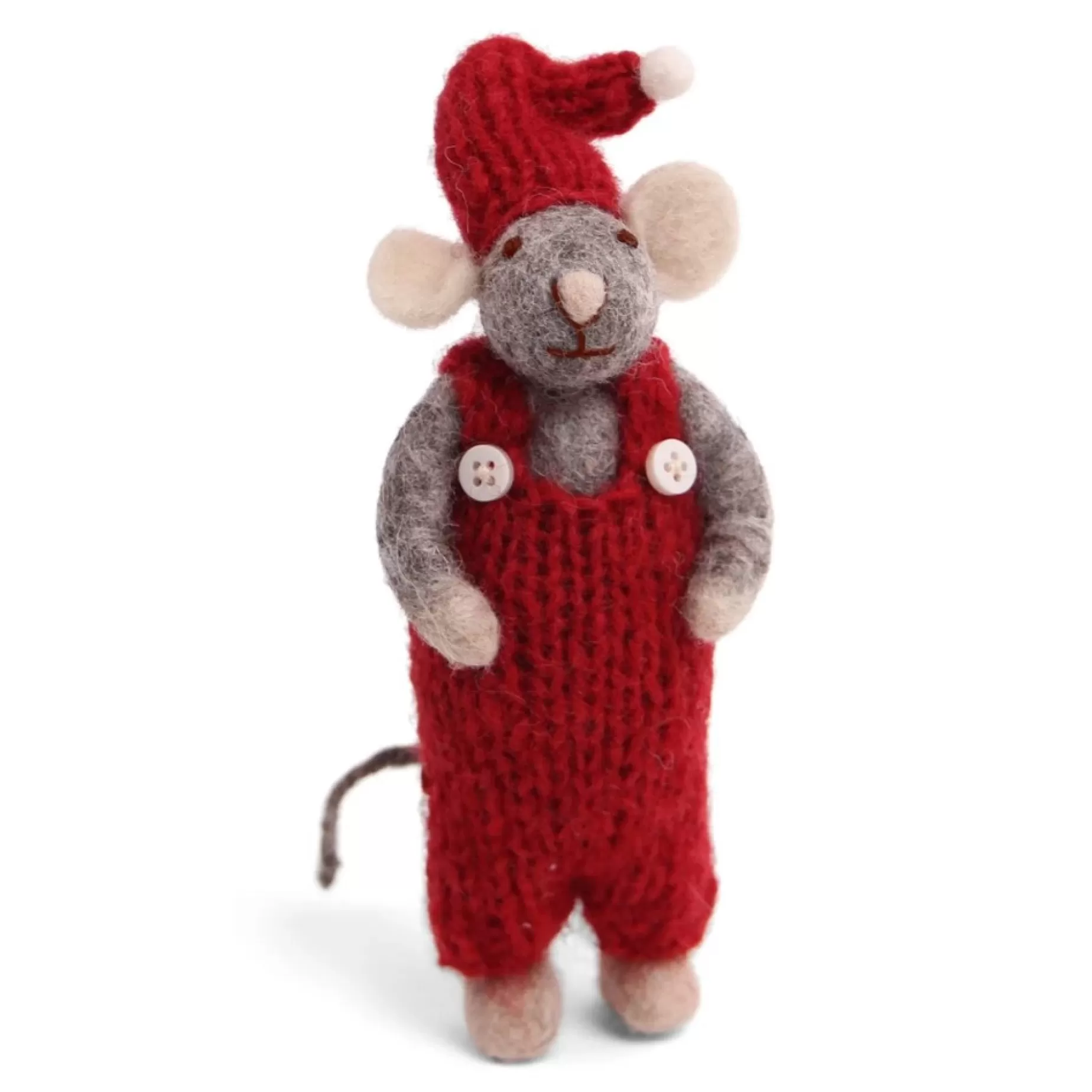 En Gry & Sif Christmas Figurine - Winter Mouse Boy (Small) With Red Overalls (Grey) | Felt Figurines
