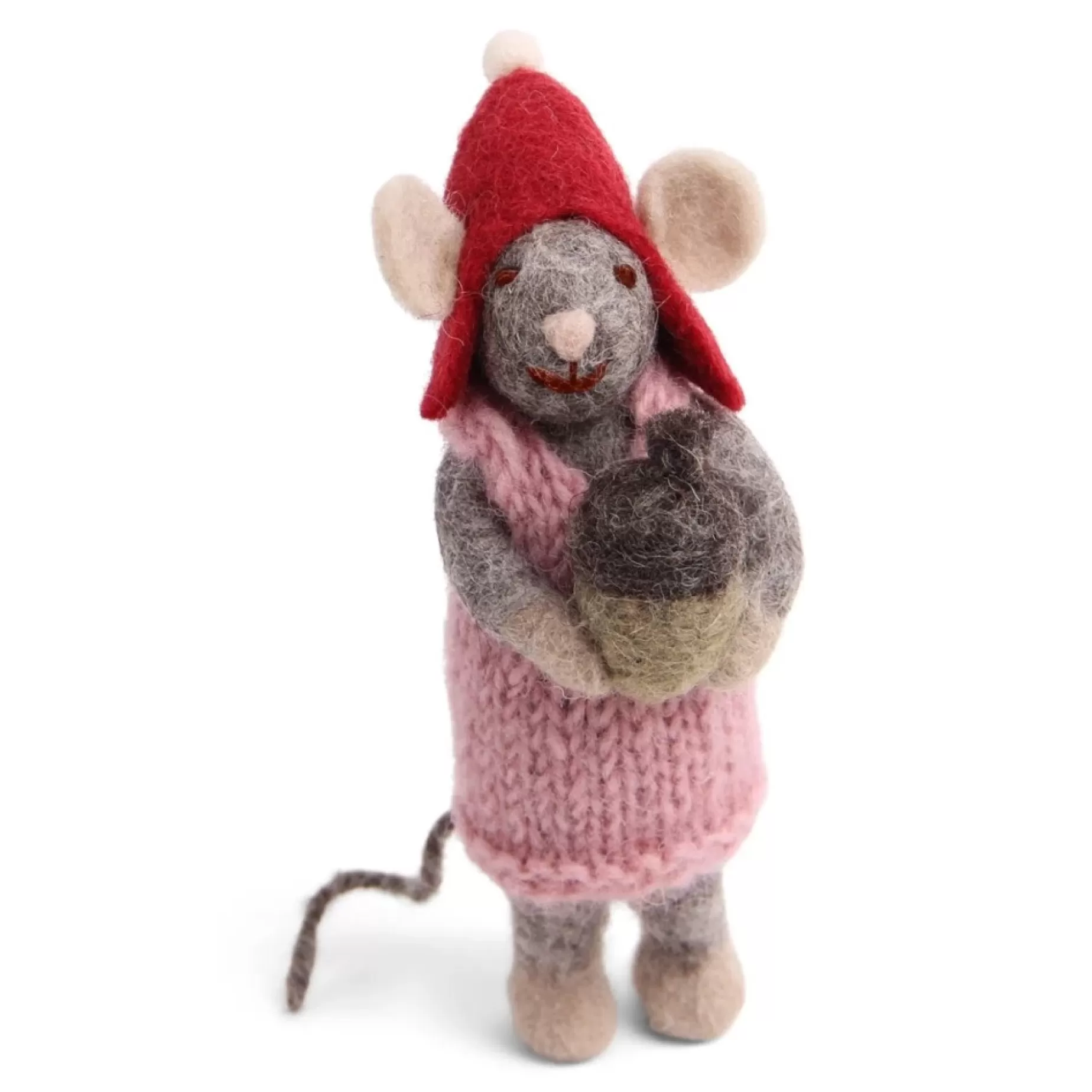 En Gry & Sif Christmas Figurine - Winter Mouse Girl (Small) With Acorn (Grey) | Felt Figurines