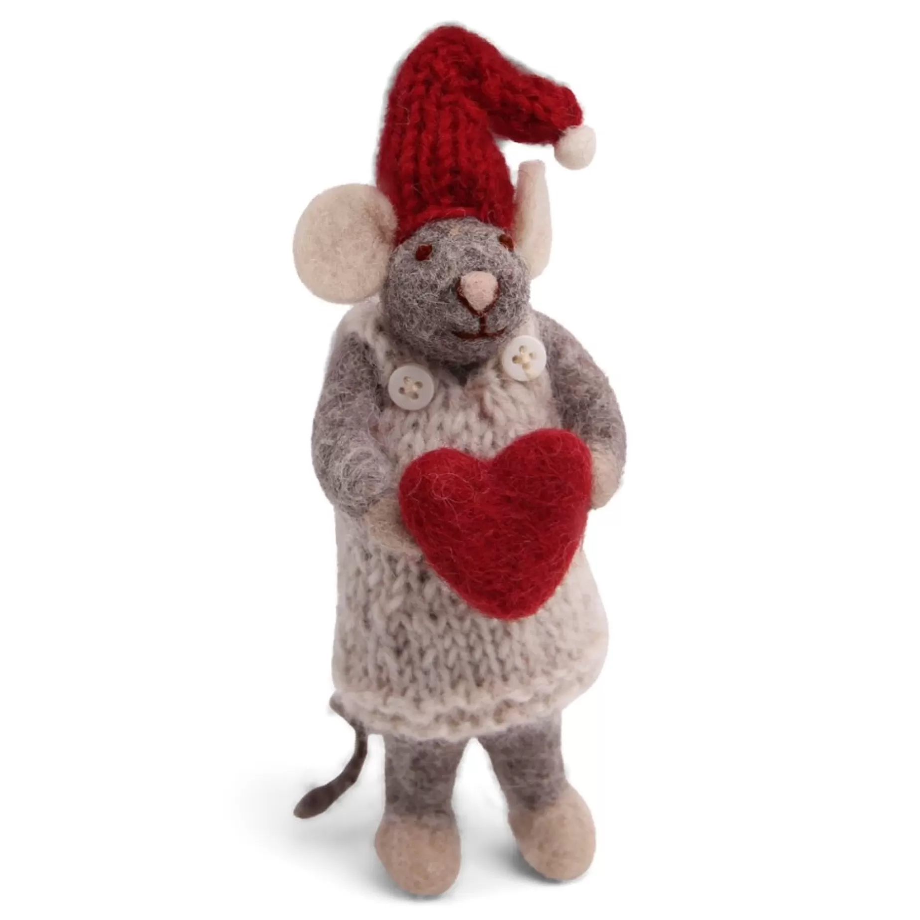 En Gry & Sif Christmas Figurine - Winter Mouse Girl (Small) With Heart (Grey) | Felt Figurines