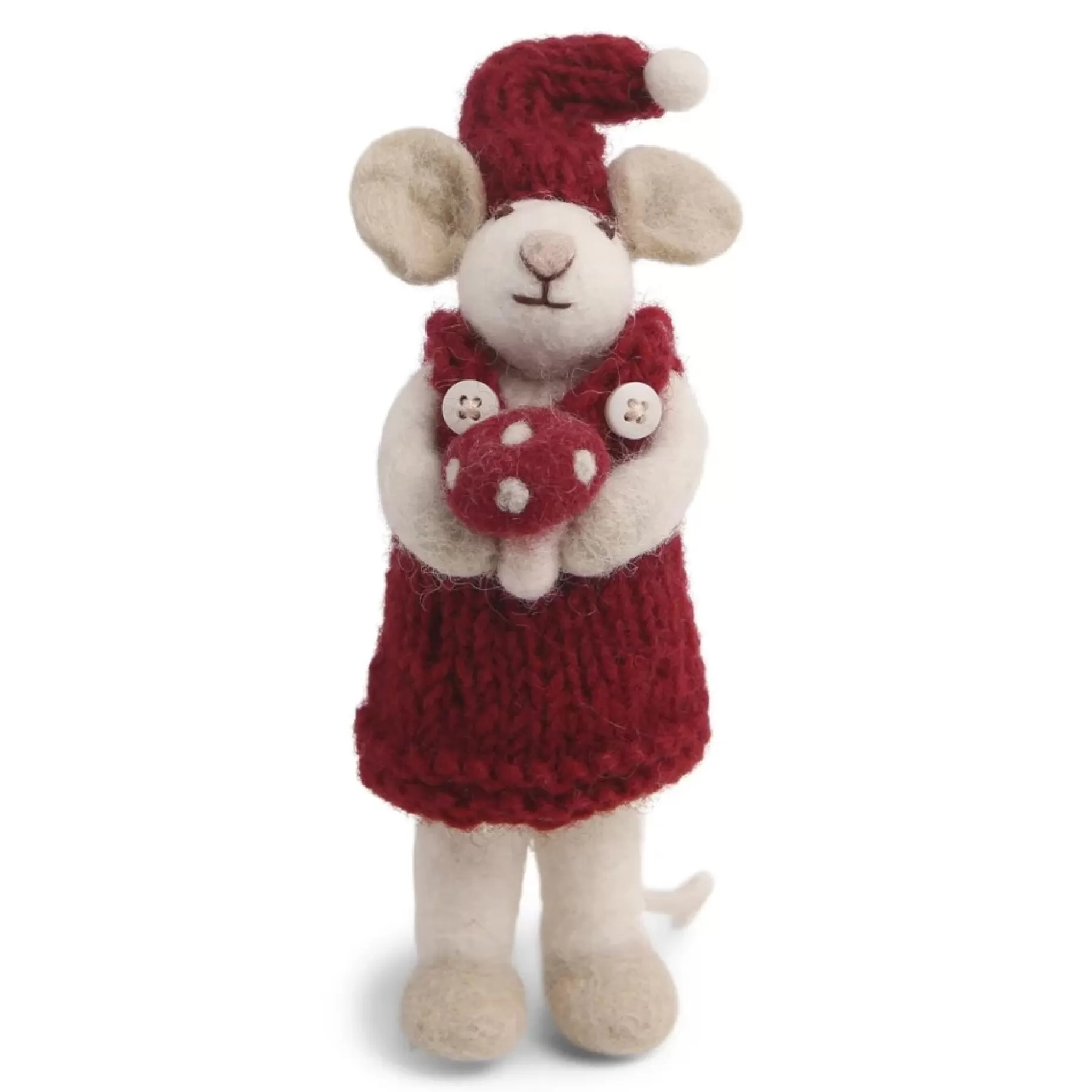 En Gry & Sif Christmas Figurine - Winter Mouse Girl (Small) With Mushroom (White) | Felt Figurines