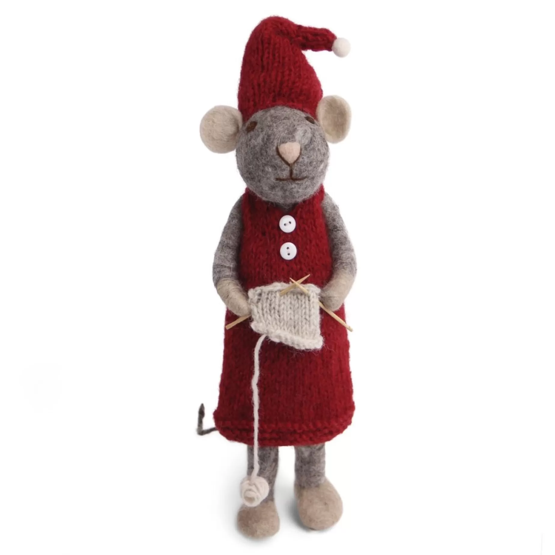 En Gry & Sif Christmas Figurine - Winter Mouse Knitting (Grey) - Extra Large | Felt Figurines