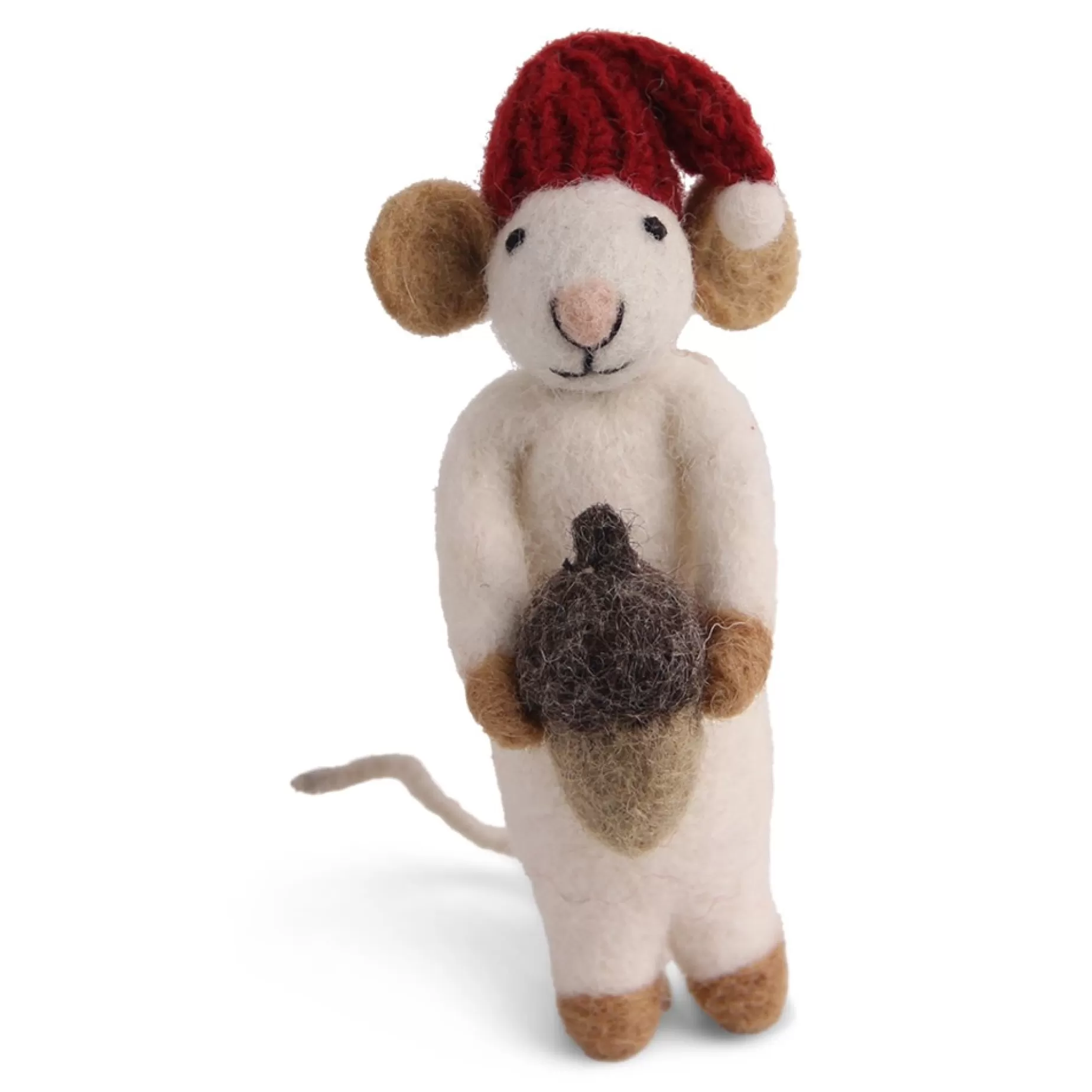 En Gry & Sif Christmas Figurine - Winter Mouse (Medium) With Acorn (White) | Felt Figurines