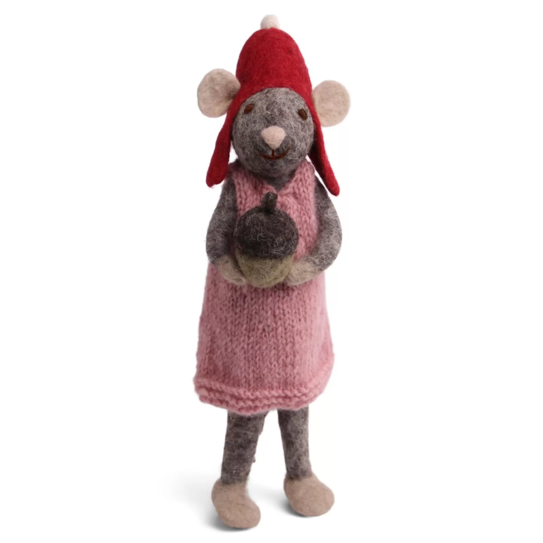 En Gry & Sif Christmas Figurine - Winter Mouse With Acorn (Grey) - Large | Felt Figurines