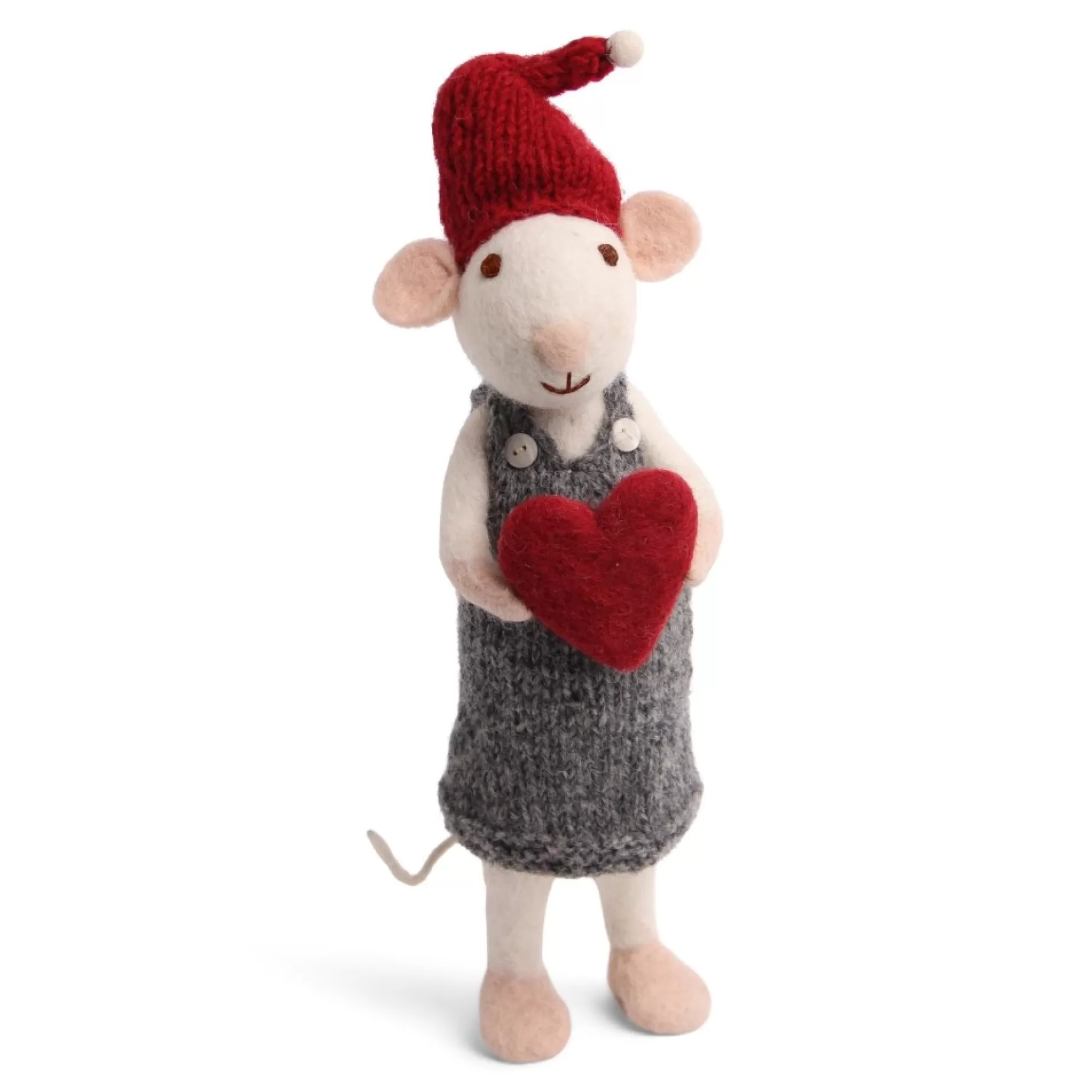 En Gry & Sif Christmas Figurine - Winter Mouse With Heart (White) - Large | Felt Figurines