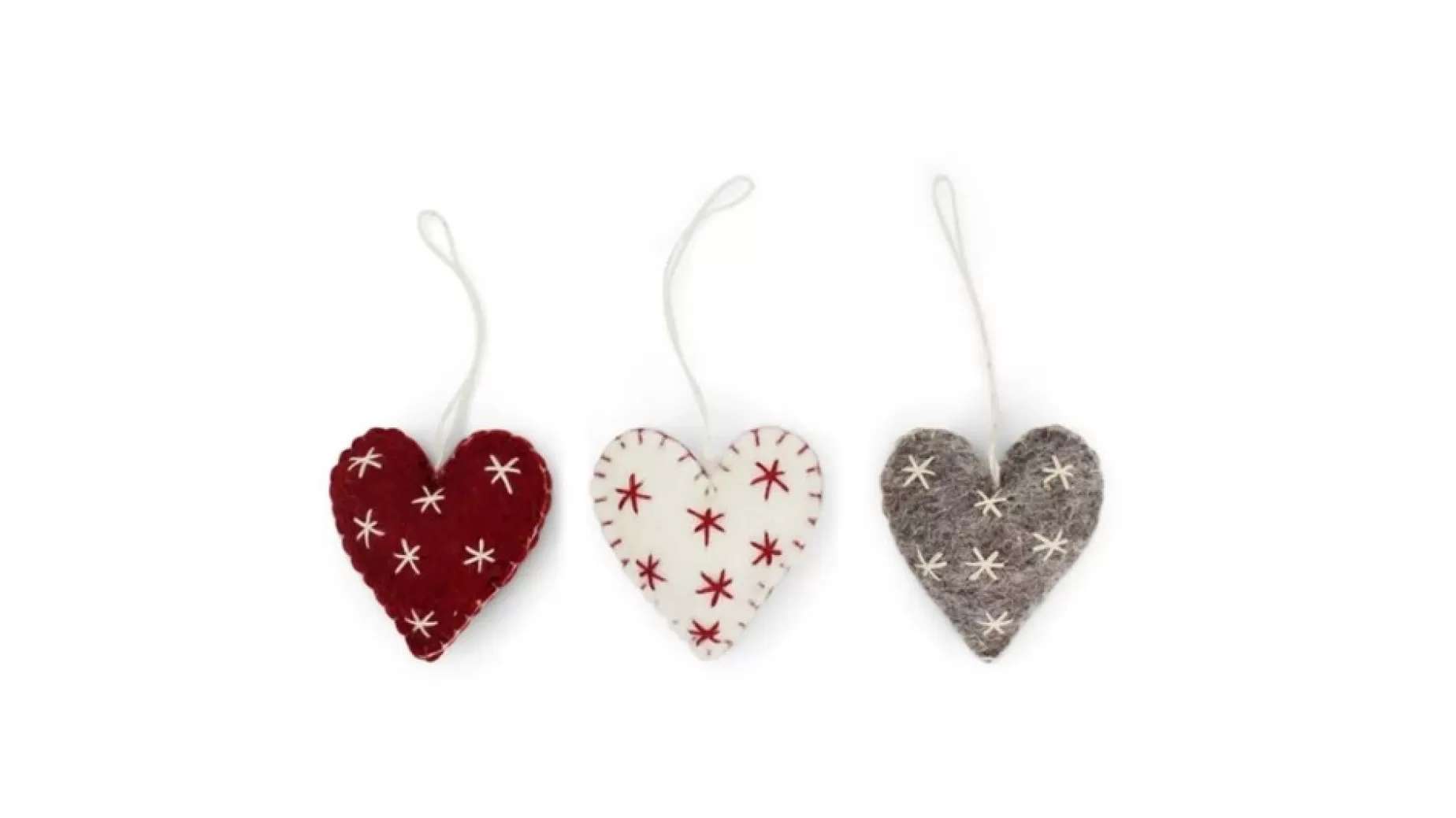 En Gry & Sif Felt Christmas Tree Decoration - Hearts With Fine Stars (Set Of 3) | All Tree Decorations