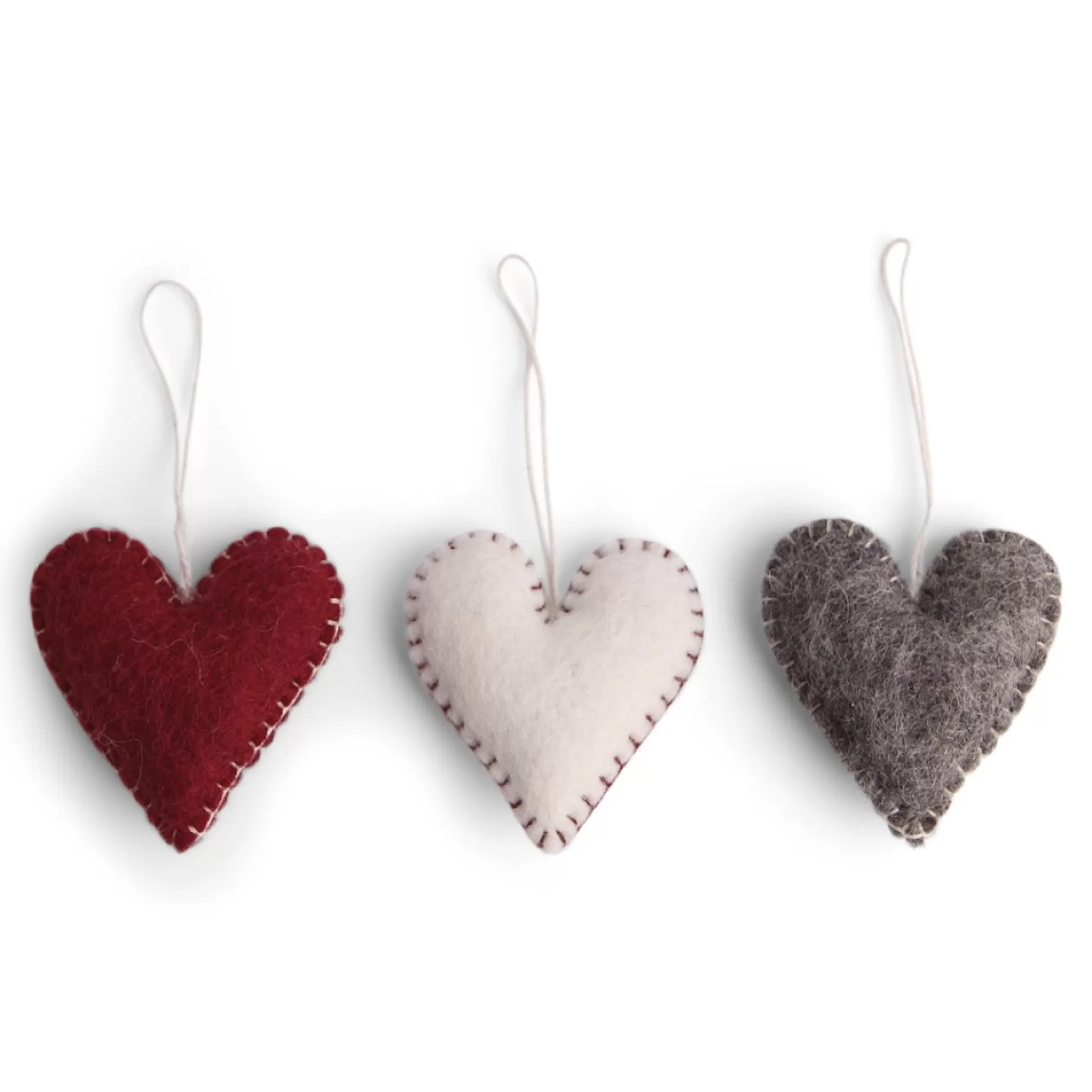 En Gry & Sif Felt Christmas Tree Decoration - Hearts With Stitching (Set Of 3) | Felt Christmas Tree Decorations