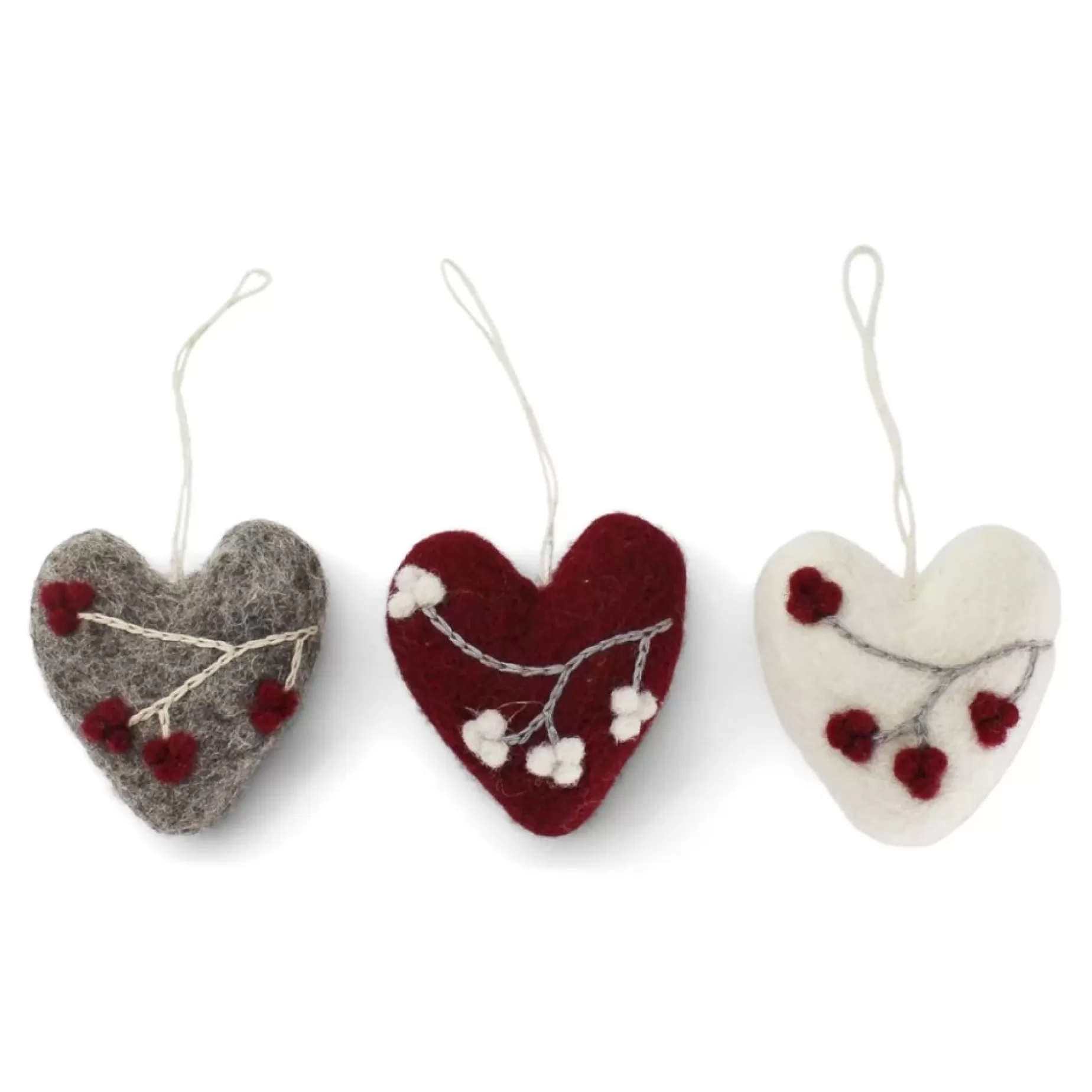 En Gry & Sif Felt Christmas Tree Decoration - Hearts With Winter Berries (Set Of 3) | All Tree Decorations