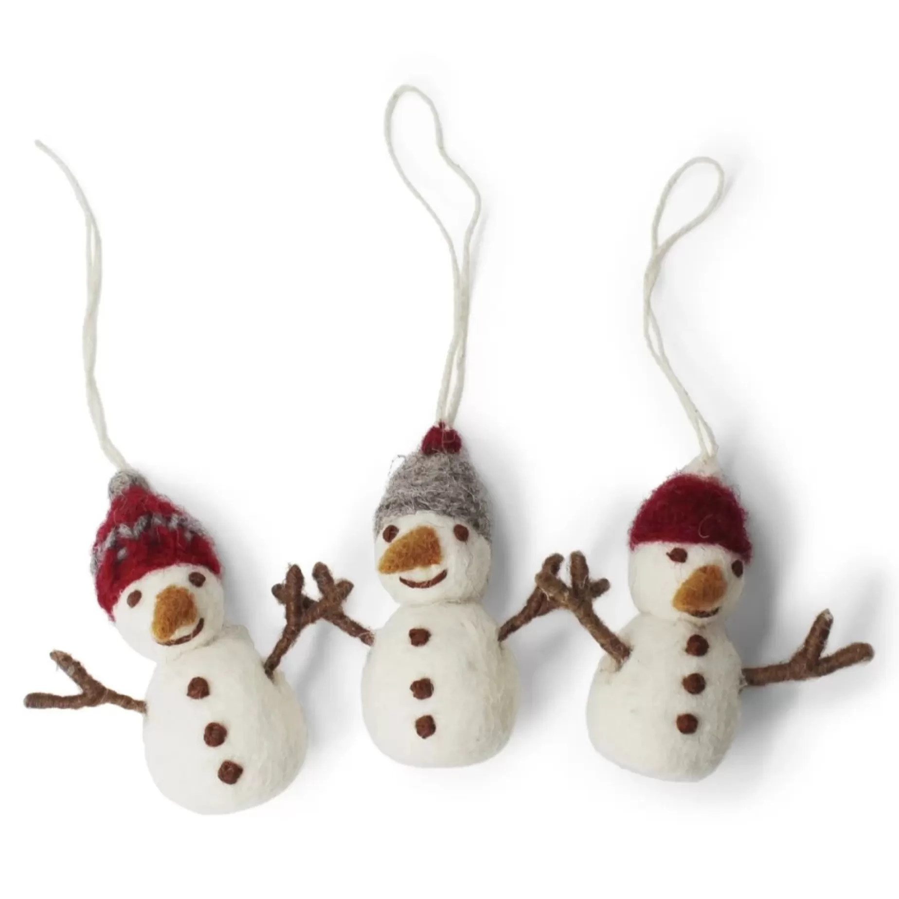 En Gry & Sif Felt Christmas Tree Decoration - Snowmen With Knitted Caps (Set Of 3) | All Tree Decorations